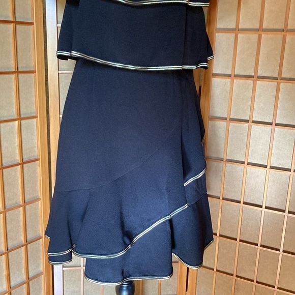 Wayf Dress Black Off Shoulder Gold Trim Layered Festive Party Dress - Picture 6 of 12